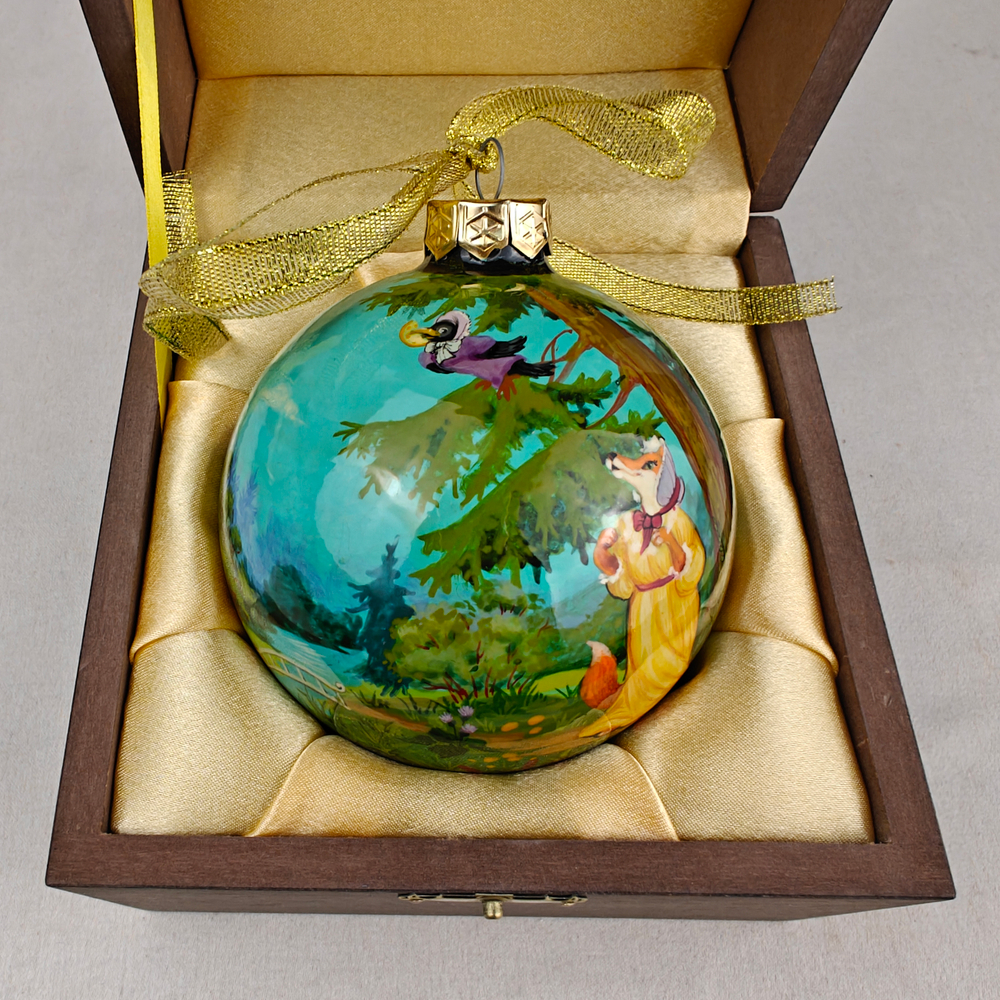 Коллекционный шар новогодний (круговая роспись Палех) "Ворона и лисица" в футляре