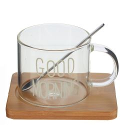 GAEM Кружка с ложкой на деревянной подставке, 300 мл, L12 W9,5 H10 см, 2в.