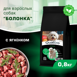 Корм сухой для взрослых собак породы Болонка, с ягненком, 800 гр, QUATTRO