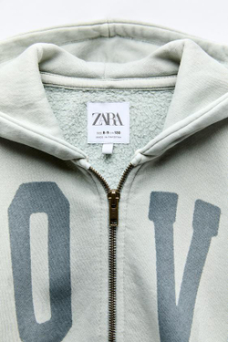 ZARA ХУДИ С ЭФФЕКТОМ ПОТЕРТОСТИ И НАДПИСЬЮ, ШАЛФЕЙНО-ЗЕЛЕНЫЙ