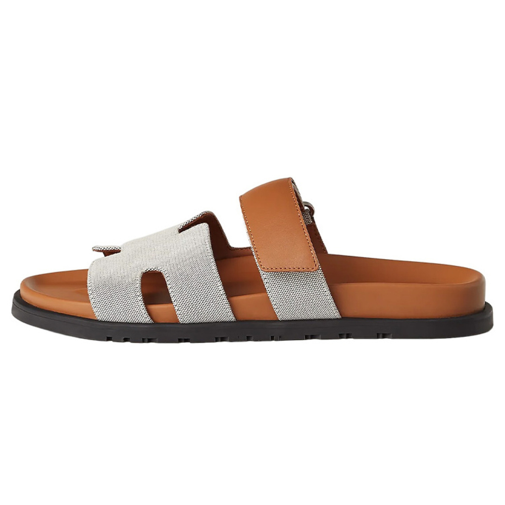 Hermes Chypre Calfskin open-toed velcro fashion sandals men's brown gray, H231819Z HPN