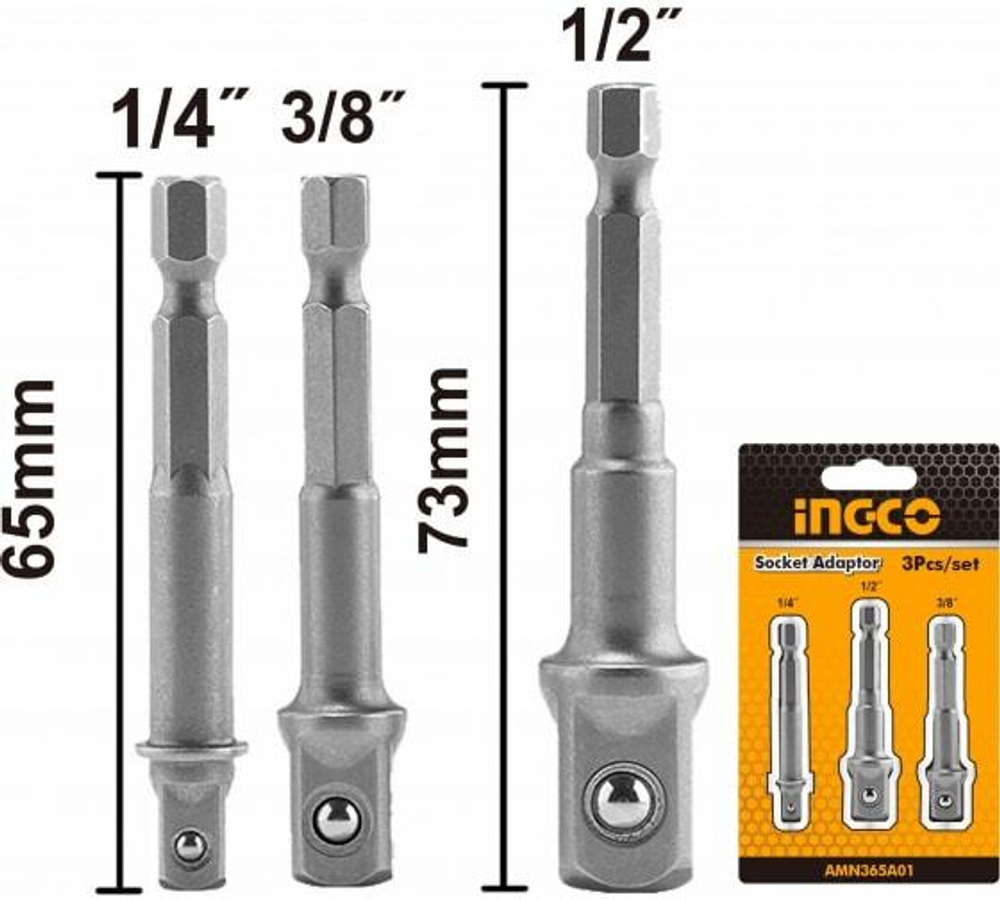 Набор адаптеров 1/4 " для торцевых головок  INGCO AMN365A01 1/4" 3/8" 1/2" 3 шт.