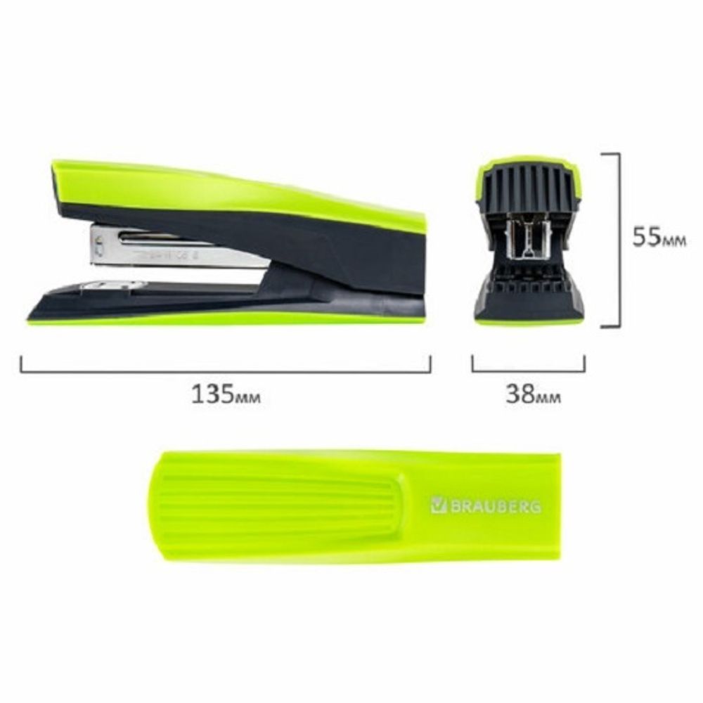 Степлер №24, Brauberg Super, до 30л, пластиковый корпус, зелено-черный
