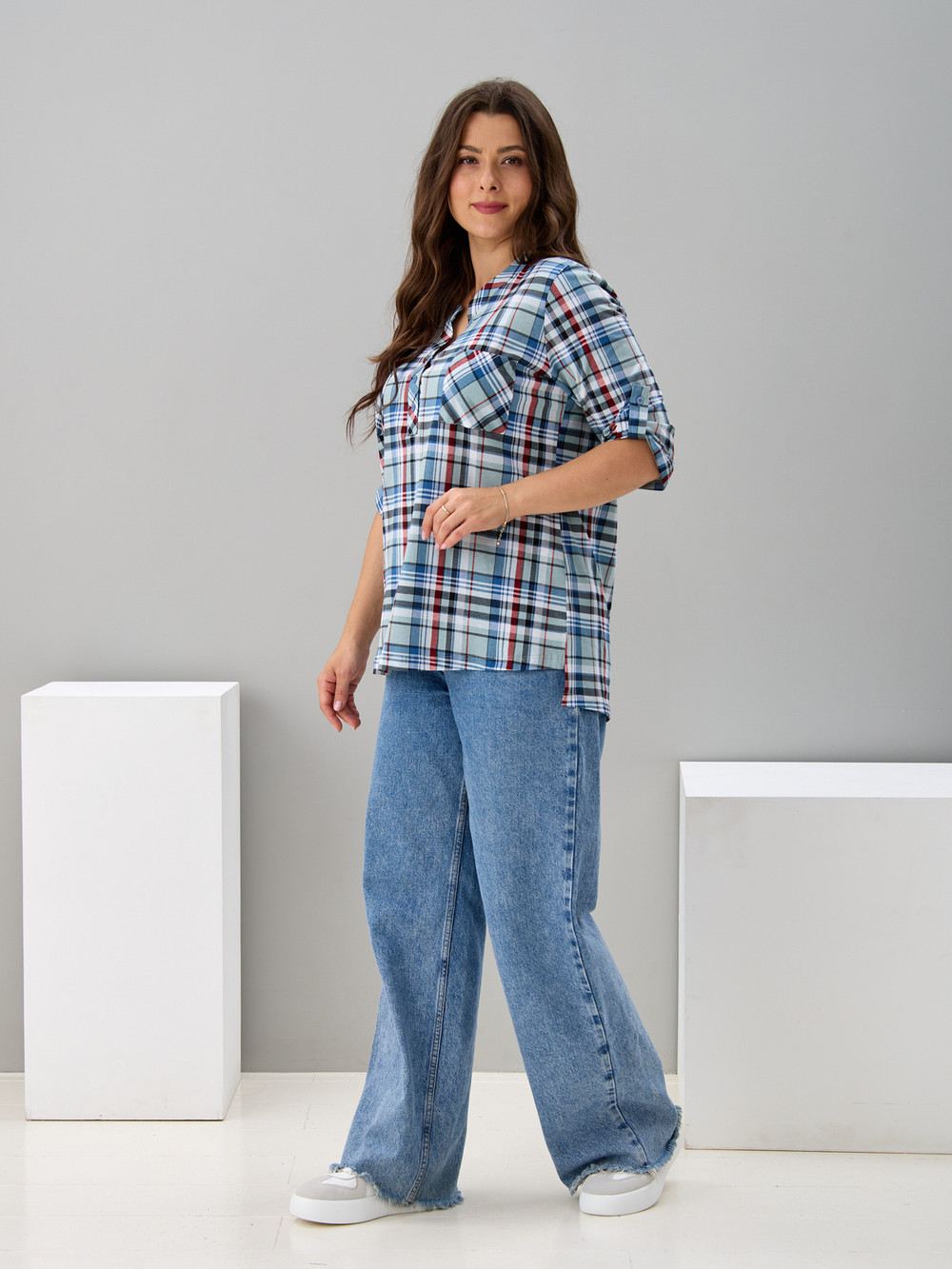 Блузка БЛ-131/клеткасерый-индигокрасный