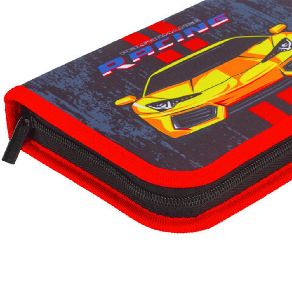 Пенал BRAUBERG с наполнением, 1 отделение, откидная планка, 24 предмета, 21x14 см, "Yellow car", 229292