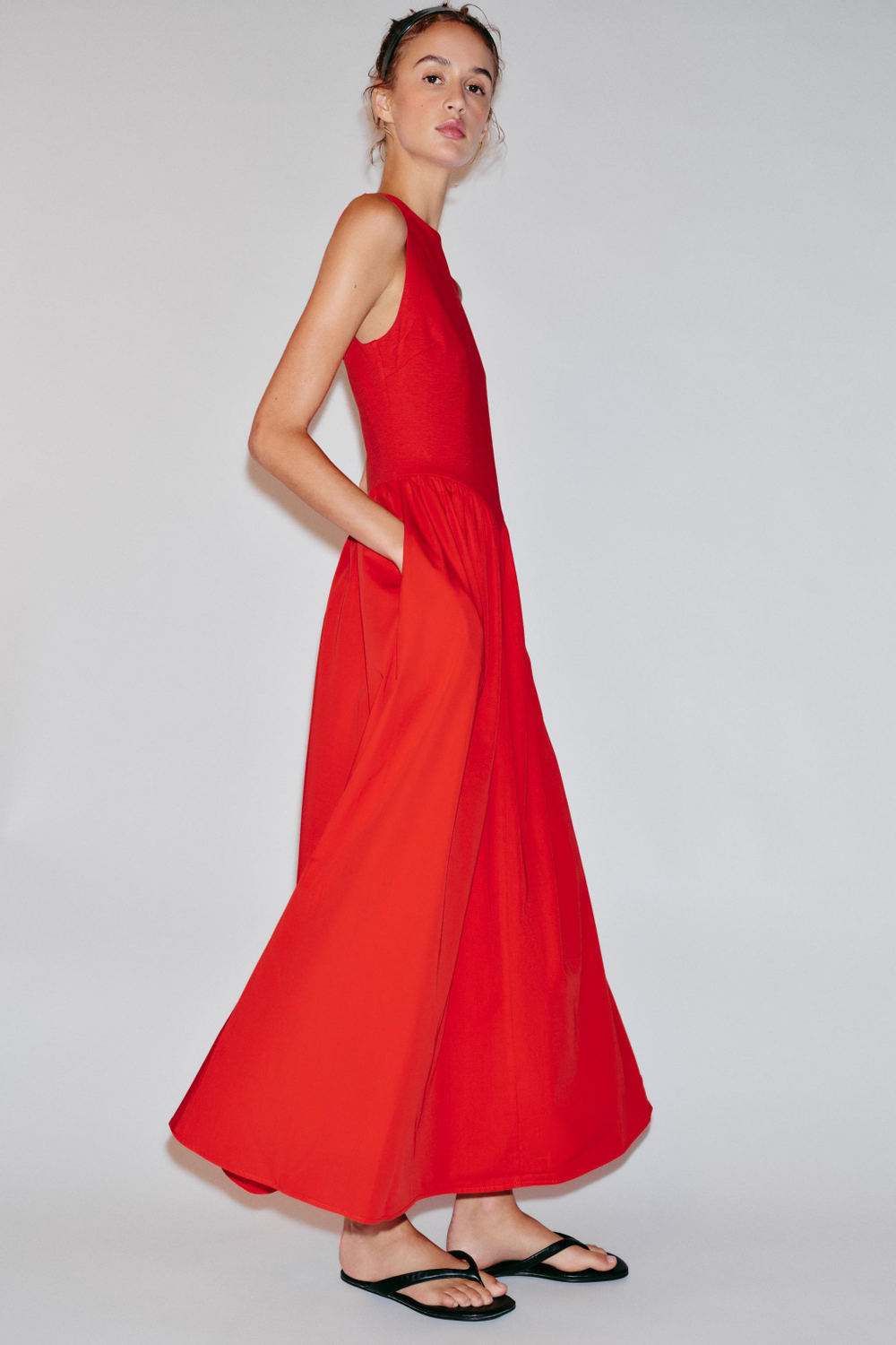 ZARA КОМБИНИРОВАННОЕ ПЛАТЬЕ МИДИ, КРАСНЫЙ