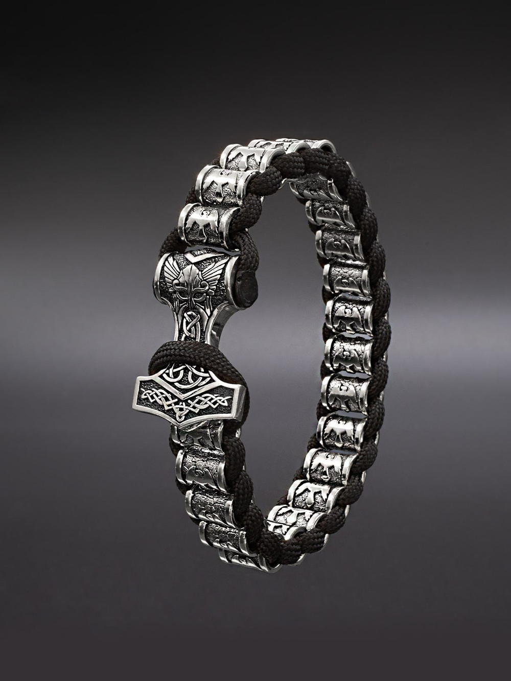 Браслет Ворон из серебра 925 пробы с застежкой молот Тора