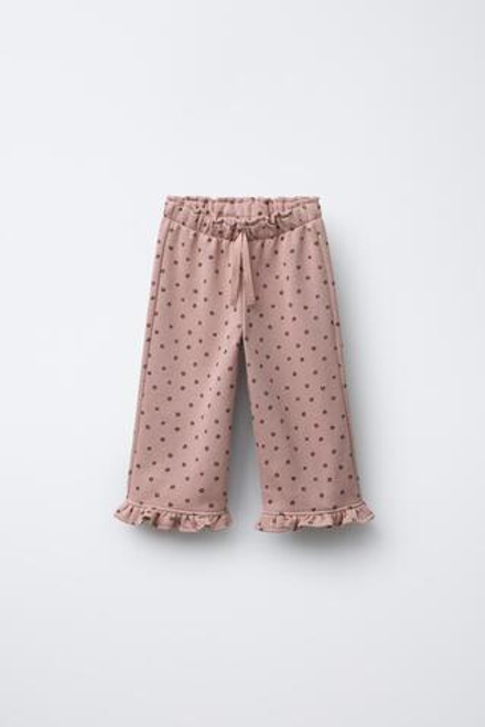 ZARA БРЮКИ ИЗ МЯГКОЙ ТКАНИ С ПРИНТОМ И ОБОРОЧКОЙ, ПАСТЕЛЬНО-РОЗОВЫЙ