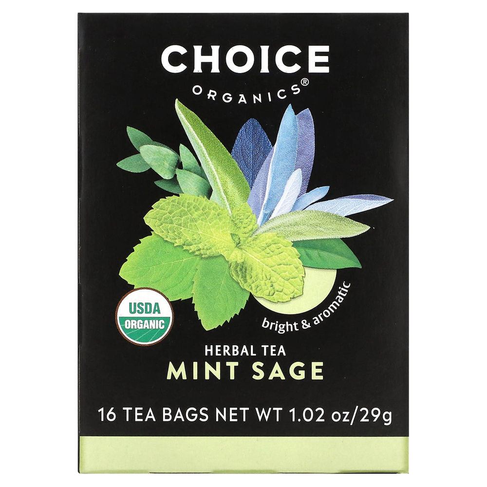 Choice Organics, травяной чай, мята и шалфей, без кофеина, 16 чайных пакетиков, 29 г (1,02 унции)