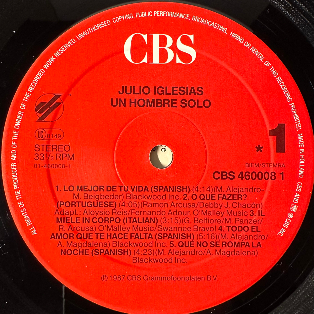 Julio Iglesias ‎– Un Hombre Solo (Голландия 1987г.)