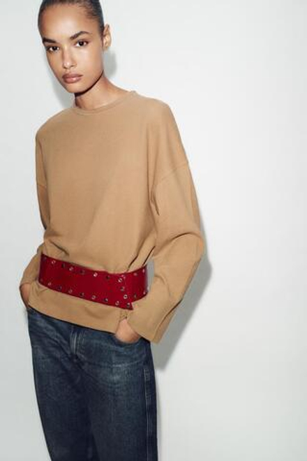 ZARA ФУТБОЛКА С ДЛИННЫМИ РУКАВАМИ, МЯГКИЙ КАШТАНОВЫЙ