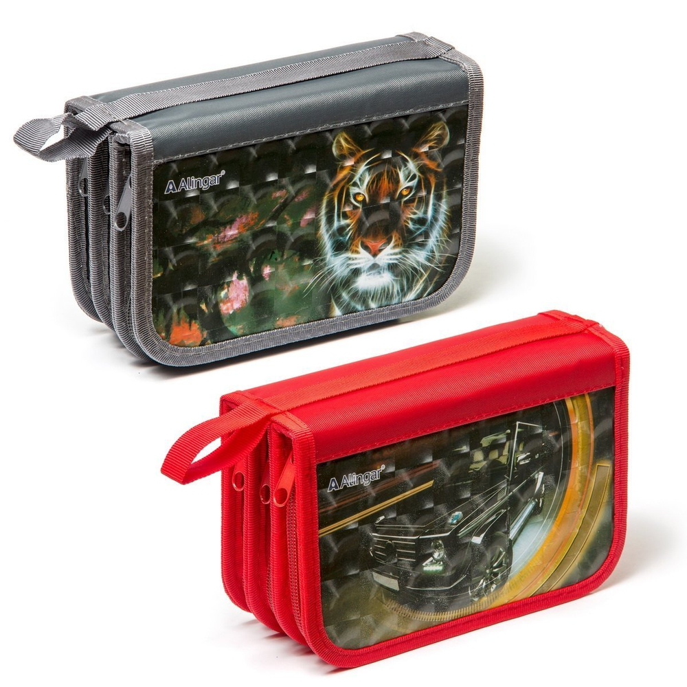 Пенал 3 отделения Alingar, лам. картон, молния, 3D, 120 х 190 мм, ассорти