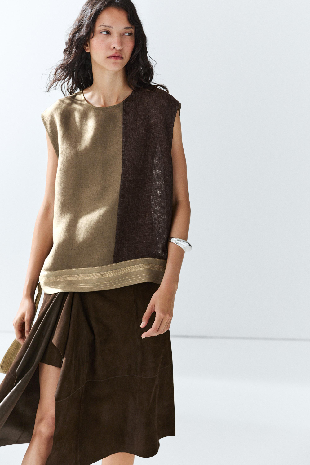 Massimo Dutti Комбинированный льняной топ, коричневый