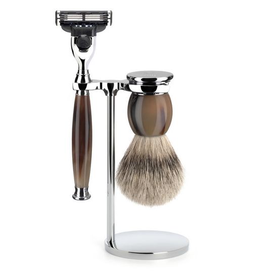 Бритвенный набор MUEHLE SOPHIST, натуральный рог, барсучий ворс высшей категории Silvertip, бритва Mach3