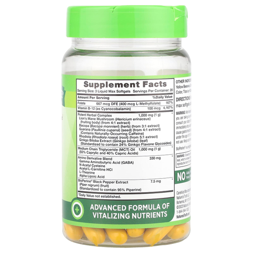Nature's Truth, Brain Up ™, с L-теанином, бакопой, витамином B-12, MCT, 60 мягких таблеток Liquid Max
