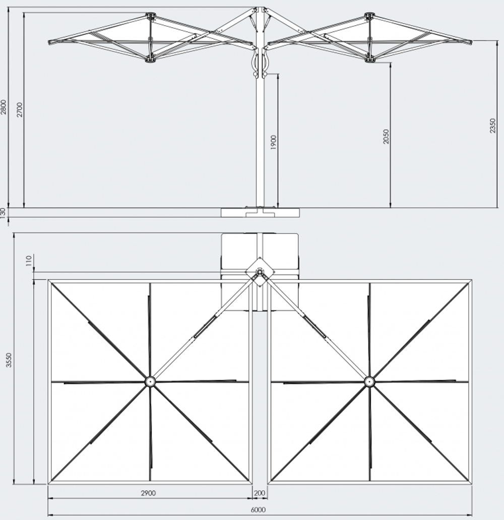 Зонт профессиональный двухкупольный 2.9х6 м Scolaro Galaxia Dual V Timber, имитация ироко, слоновая кость