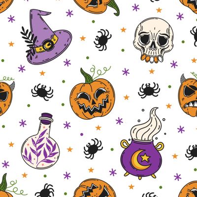 Хэллоуин - веселая тыква, череп, шляпа ведьмы, пауки