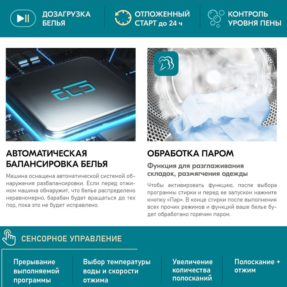 Стиральная машина Centek CT-1972 (серая) 7кг, 1200 об, 10 программ, A++, LED-Дисплей, автоматическая балансировка белья, гипоаллергенная стирка