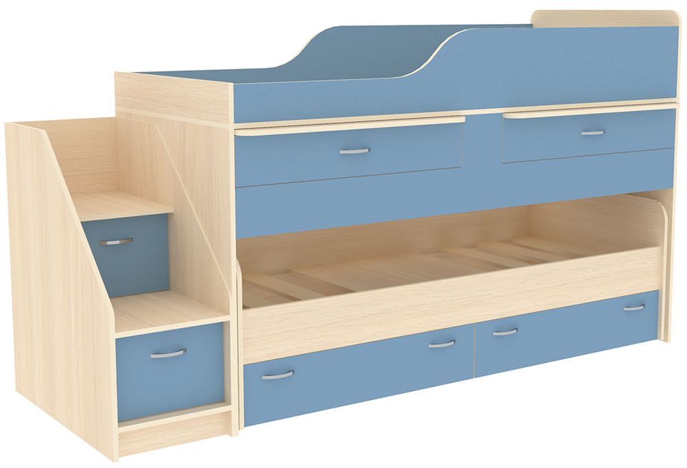 Кровать двухъярусная КарИВи Дуэт-8  Дуб Молочный Светло-синий, голубой