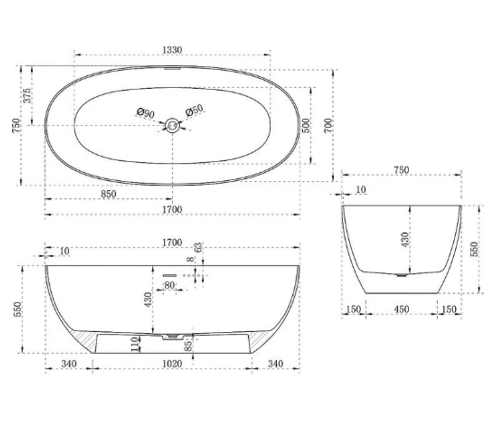 Ванна из искусственного камня Vincea VBT-6S01MW, 1700*750*550, белый мат., слив-перелив в комплекте, , шт