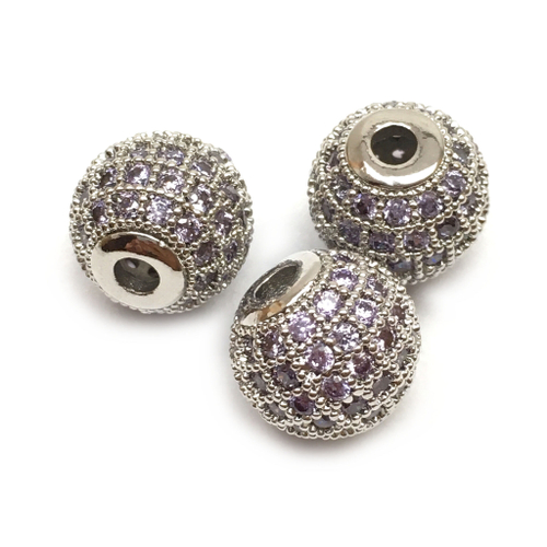 Бусины с сиреневыми фианитами 10 мм, родий