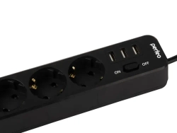 Сетевой фильтр Perfeo "POWER STREAM", 2500W, двойная защита, 2м, 3 розетки, 3 USB, черный.