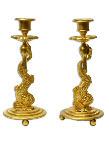 Дельфины. Парные подсвечники. Бронза, литье, чеканка, канфарение, золочение. XIX в.