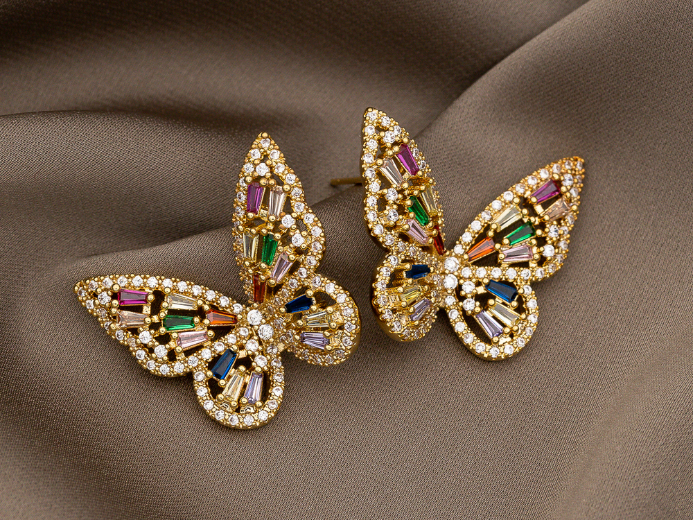 Серьги "Бабочки". 28мм, с цветными стразами