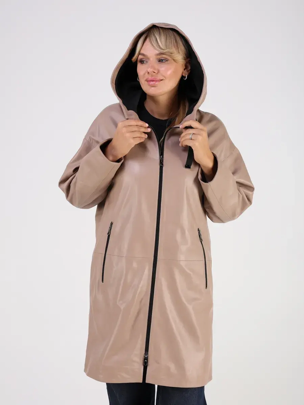 Кожаная куртка демисезонная с капюшоном длинная