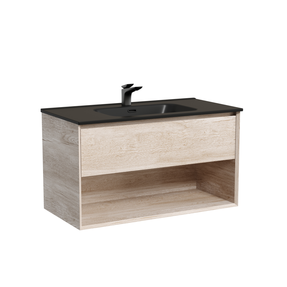 Тумба подвесная Sancos Marmi 1.0 890х445х520 c одним ящиком оснащенным доводчиками скрытого монтажа и открытой нишей, дуб галифакс натуральный, арт. MR1.090EG