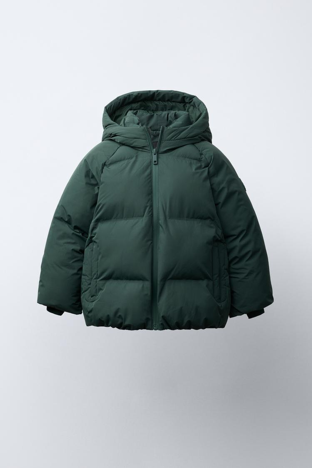ZARA СТЕГАНЫЙ ПУХОВИК С КАПЮШОНОМ WATER REPELLENT, ЗЕЛЕНЫЙ