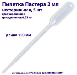 Пипетка для переноса жидкости (Пастера) 2 мл, нестерильная, длина 150 мм, 50 шт