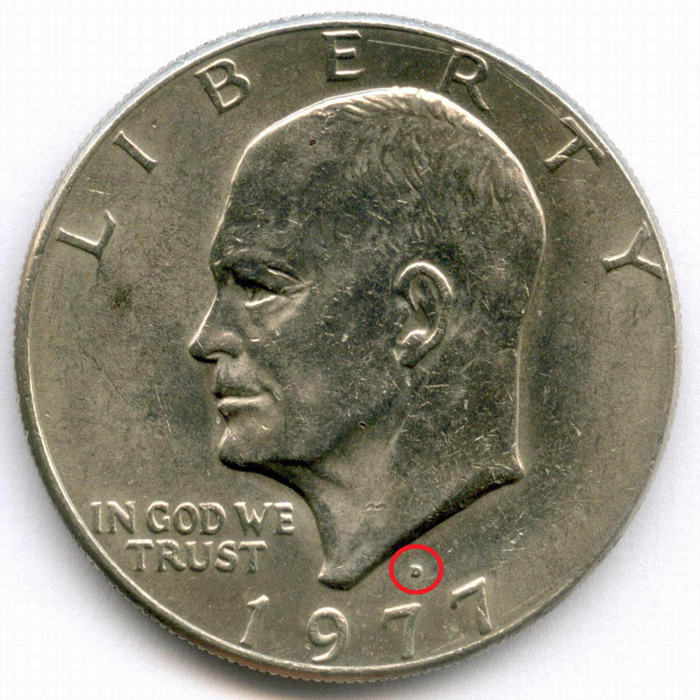 1 доллар 1977 год (D). США. Эйзенхауэр. Медь с медно-никелевым покрытием, диаметр 38.1 мм. XF-AU
