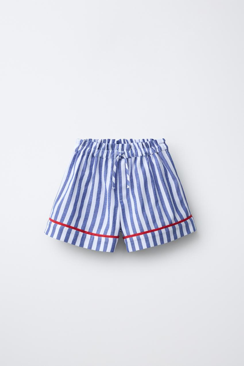 ZARA ШОРТЫ-БЕРМУДЫ В ПОЛОСКУ С КОНТРАСТНЫМИ КАНТАМИ, СИНИЙ