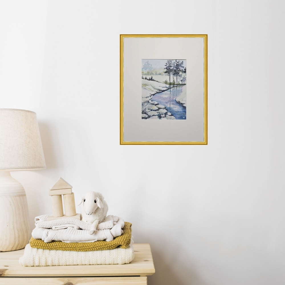 Картина авторская акварельная в паспарту 21х30 см на стену для интерьера "Речка"