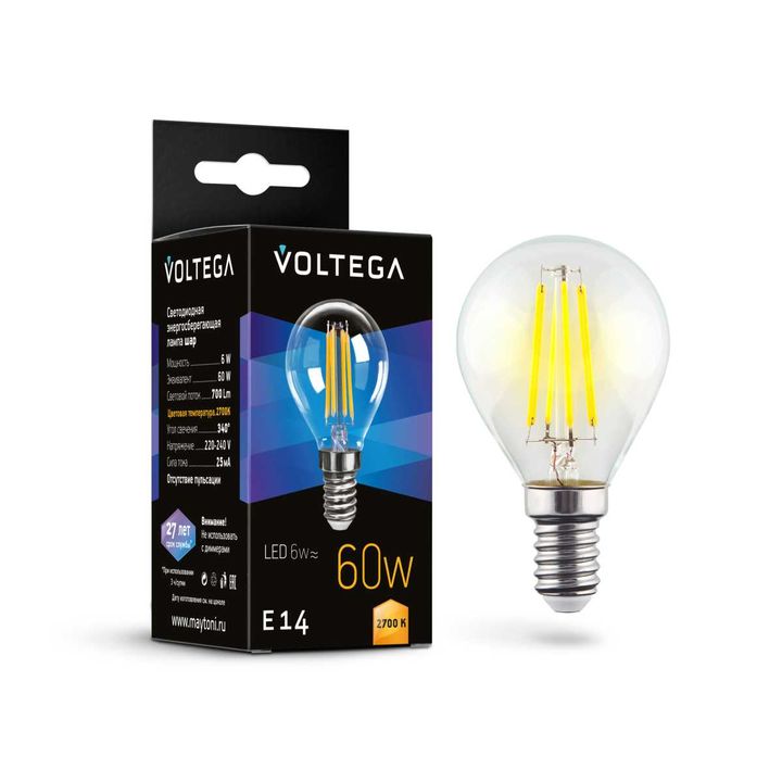 Лампа светодиодная Voltega E14 6W 2700K прозрачная 7212