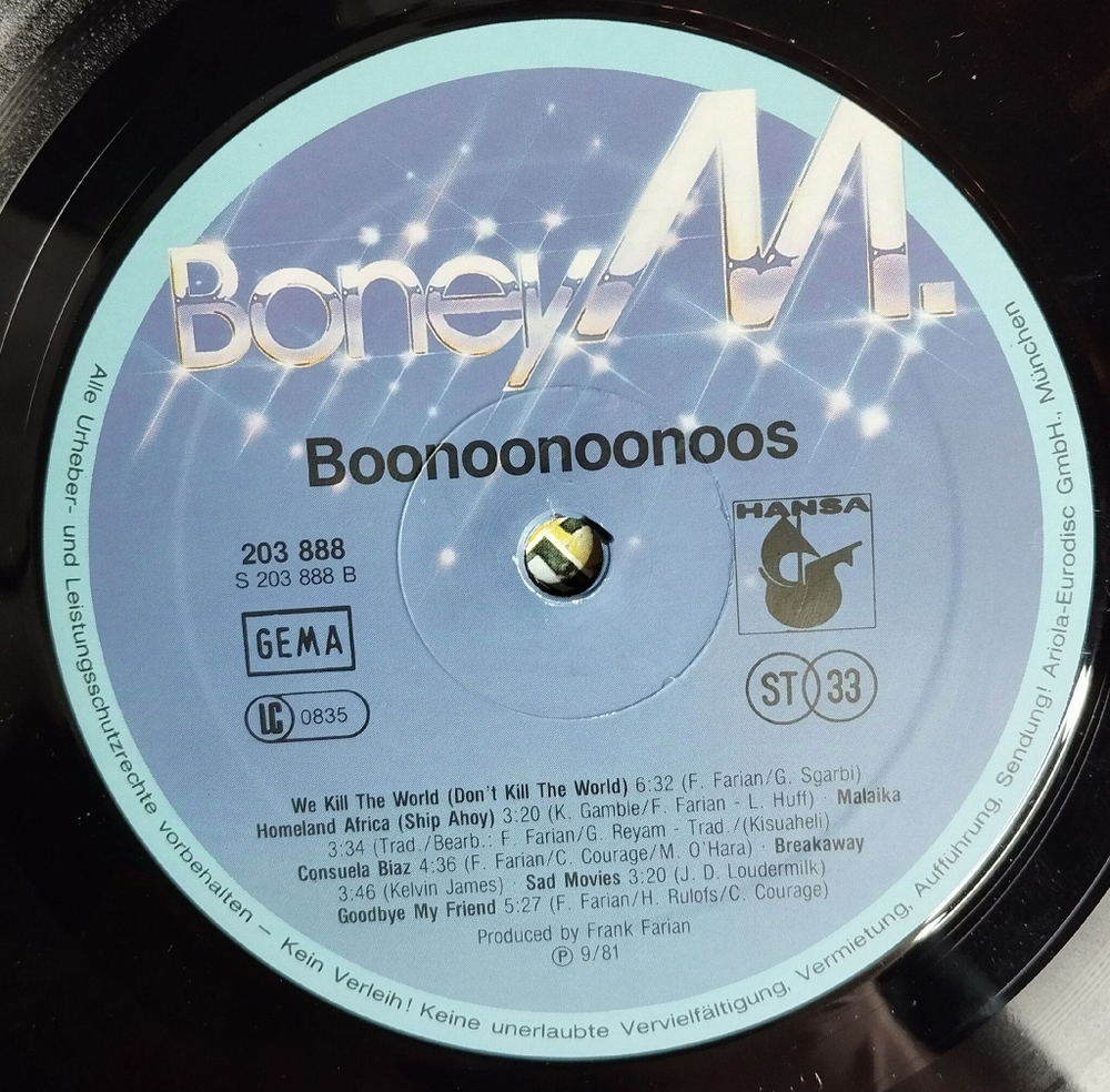 Винтажная виниловая пластинка LP Boney M Boonoonoonoos (Germany 1981)