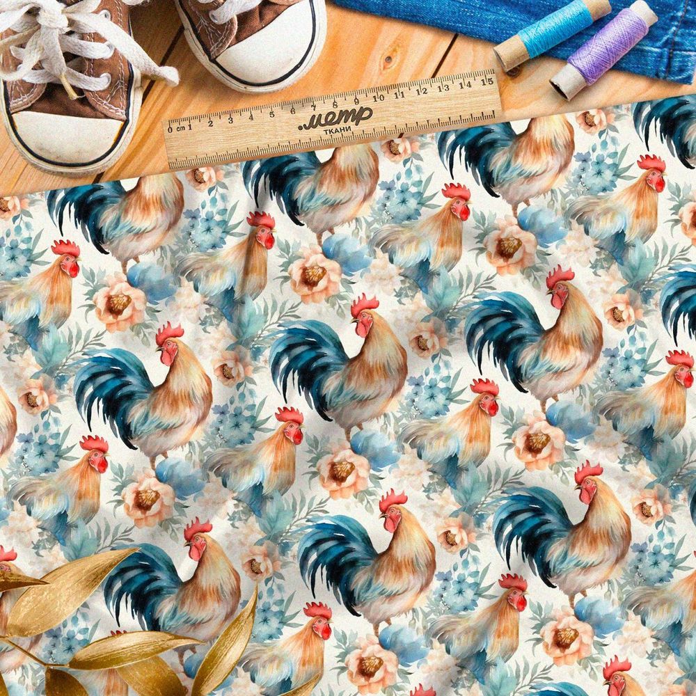 Ткань премиум атлас петухи в цветах