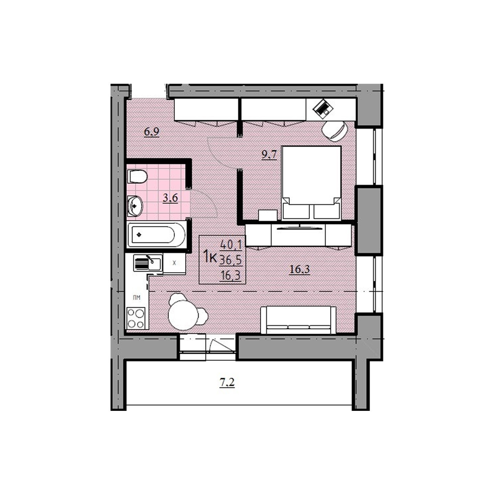 1-комнатная квартира, 36,5 м² / Чистовая отделка