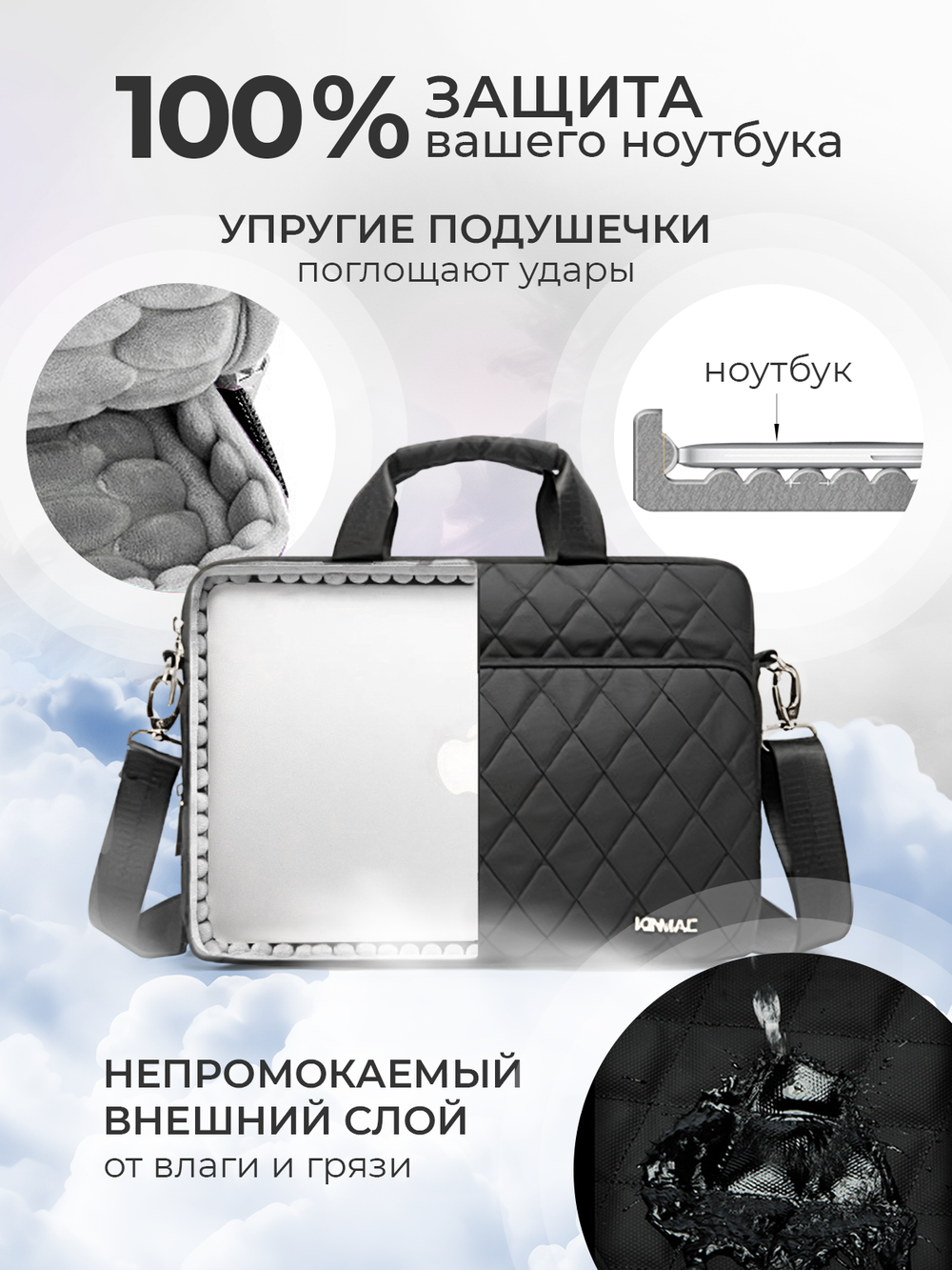 Сумка для ноутбука 13,3" и 14" с ремнем на плечо и большим карманом спереди (Стеганый черный)