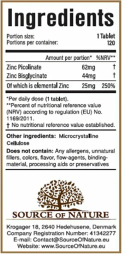 Source of Nature Zinc 2-1 25mg 120 tab , Цинк ( Пиколинат + Бисглицинат )