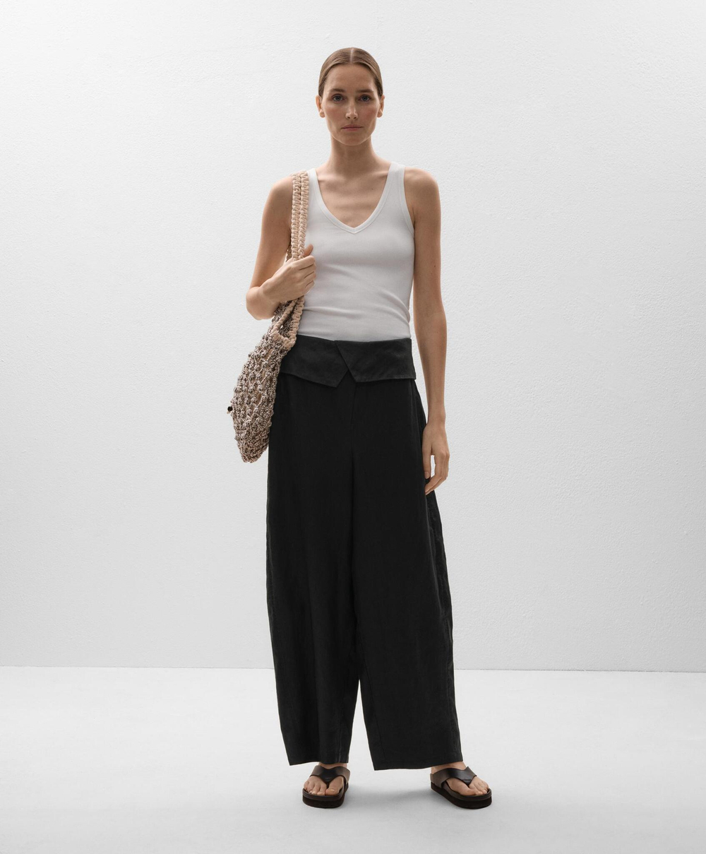 Oysho Брюки с отворотом на талии из 100% льна, черный