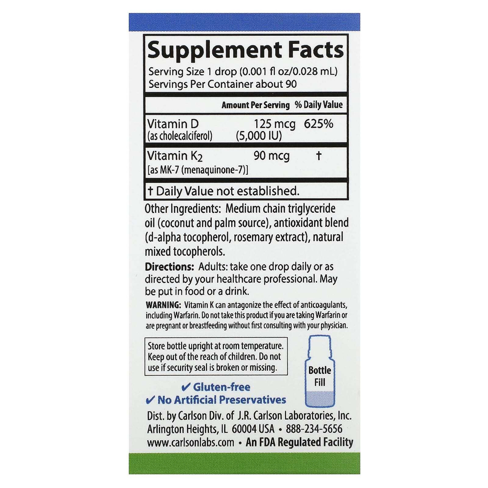 Carlson, Super Daily® D3 + K2, 125 мкг (5000 МЕ) и 90 мкг, 2,54 мл (0,086 жидк. унции)