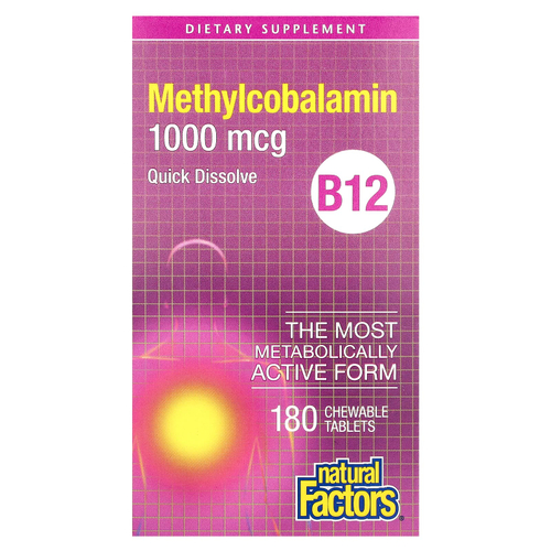 Natural Factors, B12, метилкобаламин, 1000 мкг, 180 жевательных таблеток