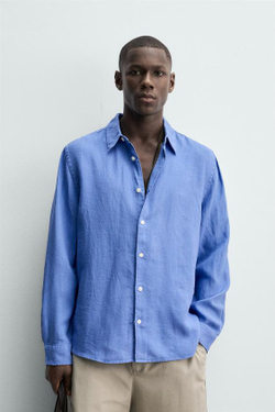 ZARA РУБАШКА ИЗ 100% ЛЬНА, ЛИНЯЛЫЙ СИНИЙ