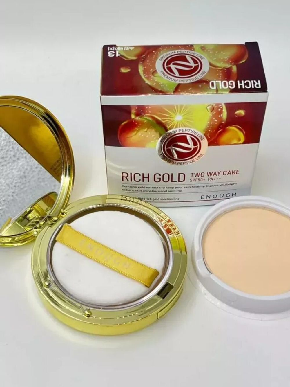 Enough Premium Two-Way Cake Rich Gold SPF50+/PA+++ №13 Light Beige(светло-бежевый) Пудра компактная для лица с золотом, 11гр+11гр