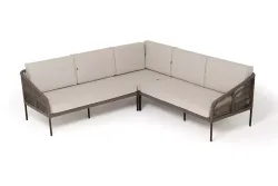 "Канны" диван модульный плетеный из роупа, каркас алюминий коричневый (RAL8016) муар, роуп коричневый круглый, ткань бежевая 035
