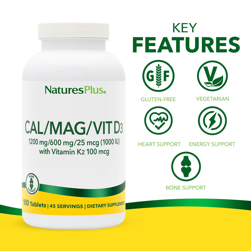 NaturesPlus, комплекс с кальцием, магнием, витаминами D3 и К2, 180 таблеток