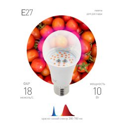 Фитолампа для растений светодиодная ЭРА FITO-10W-RB-E27 красно-синего спектра 10 ВТ Е27 | Фитолампы Е27