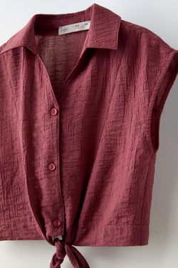 ZARA ТОП ИЗ РЕЛЬЕФНОЙ ТКАНИ С УЗЛОМ, БОРДОВЫЙ